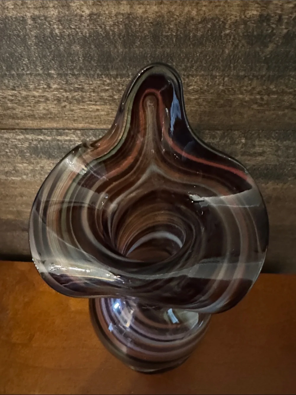 Handblown Swirl Glass Art Vase - Brown, Purple and White